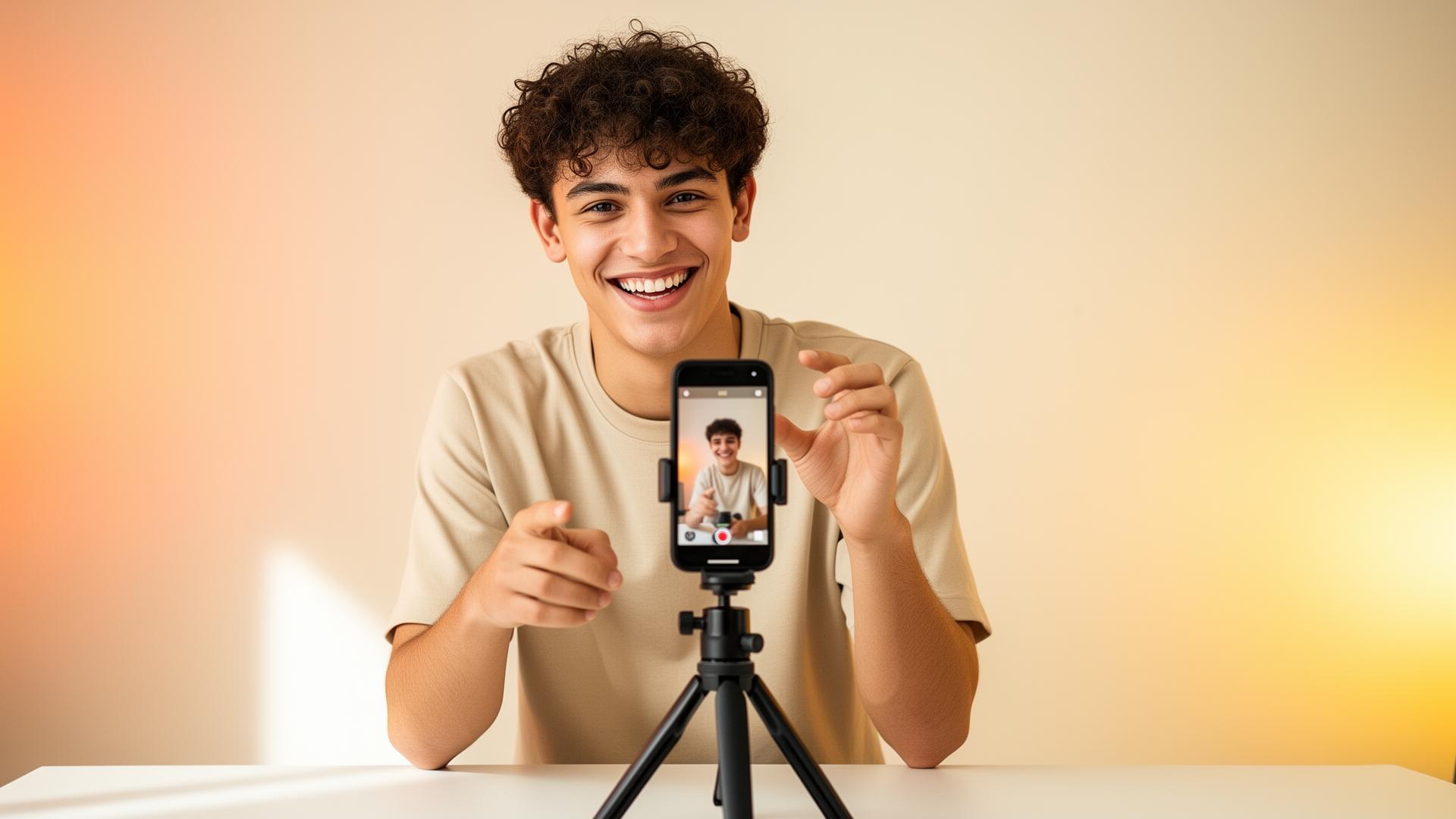 Créateur de contenu francophone filmant un format vertical en studio